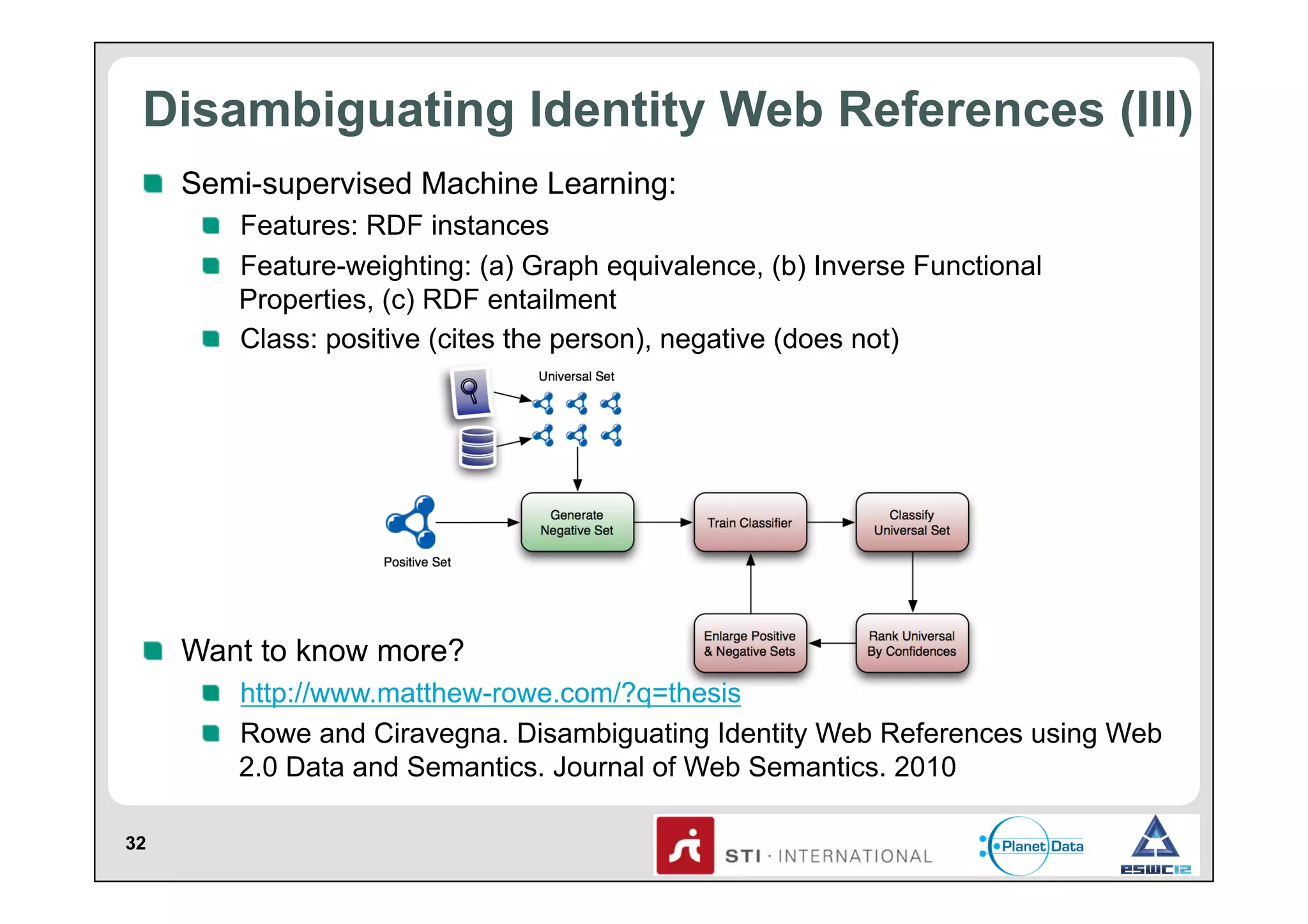 Disambiguating Identity Web References (III)
!   Semi-supervised Machine Learning:
!   Features: RDF instances
!   Feature-weighting: (a) Graph equivalence, (b) Inverse Functional
Properties, (c) RDF entailment
!   Class: positive (cites the person), negative (does not)

!   Want to know more?
!   http://www.matthew-rowe.com/?q=thesis
!   Rowe and Ciravegna. Disambiguating Identity Web References using Web
2.0 Data and Semantics. Journal of Web Semantics. 2010
32

 