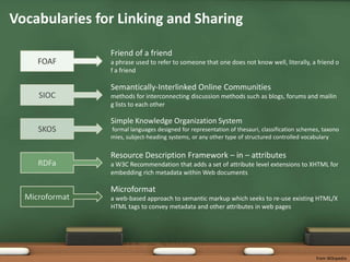 Vocabularies for Linking and SharingFriend of a frienda phrase used to refer to someone that one does not know well, literally, a friend of a friendFOAFSemantically-Interlinked Online Communitiesmethods for interconnecting discussion methods such as blogs, forums and mailing lists to each otherSIOCSimple Knowledge Organization System formal languages designed for representation of thesauri, classification schemes, taxonomies, subject-heading systems, or any other type of structured controlled vocabularySKOSResource Description Framework – in – attributes a W3C Recommendation that adds a set of attribute level extensions to XHTML for embedding rich metadata within Web documentsRDFaMicroformata web-based approach to semantic markup which seeks to re-use existing HTML/XHTML tags to convey metadata and other attributes in web pagesMicroformatfrom Wikipedia