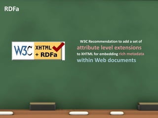 RDFaW3C Recommendation to add a set of attribute level extensions to XHTML for embedding rich metadatawithin Web documents