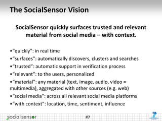 The SocialSensor Vision

  SocialSensor quickly surfaces trusted and relevant
      material from social media – with context.

•“quickly”: in real time
•“surfaces”: automatically discovers, clusters and searches
•“trusted”: automatic support in verification process
•“relevant”: to the users, personalized
•“material”: any material (text, image, audio, video =
multimedia), aggregated with other sources (e.g. web)
•“social media”: across all relevant social media platforms
•“with context”: location, time, sentiment, influence

                                  #7
 