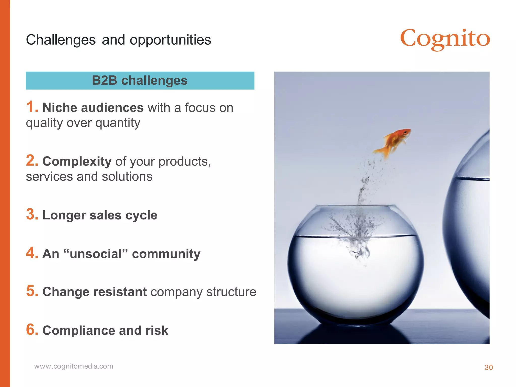 www.cognitomedia.com
Challenges and opportunities
B2B challenges
1. Niche audiences with a focus on
quality over quantity
2. Complexity of your products,
services and solutions
3. Longer sales cycle
4. An “unsocial” community
5. Change resistant company structure
6. Compliance and risk
30
 