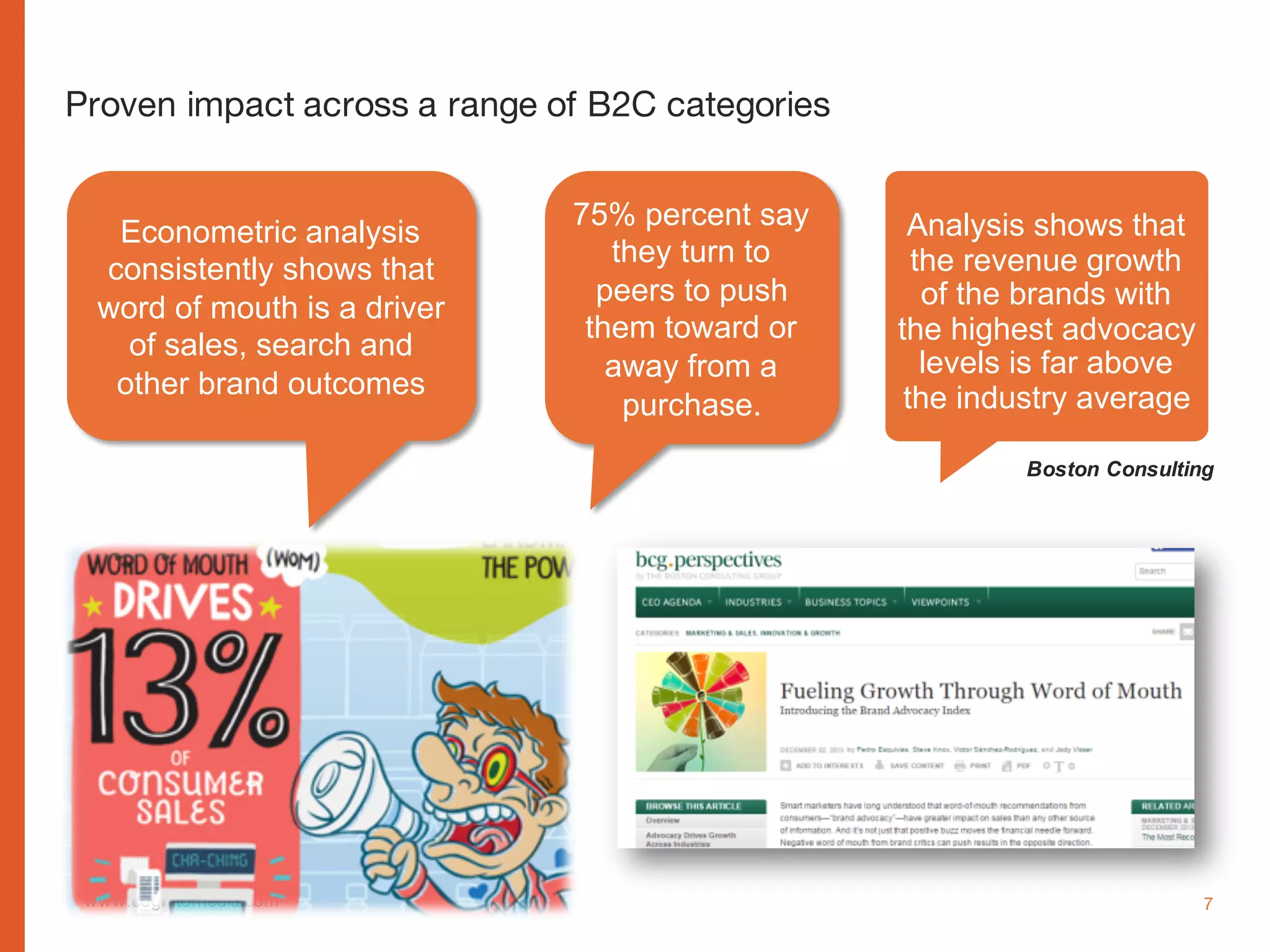 www.cognitomedia.com 7
Proven impact across a range of B2C categories
Econometric analysis
consistently shows that
word of mouth is a driver
of sales, search and
other brand outcomes
Analysis shows that
the revenue growth
of the brands with
the highest advocacy
levels is far above
the industry average
Boston Consulting
75% percent say
they turn to
peers to push
them toward or
away from a
purchase.
 