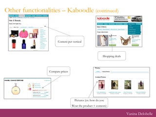 Other functionalities – Kaboodle  (continued) Content per vertical Shopping deals Compare prices Pictures (ex: how do you Wear the product + contests) Vanina Delobelle 