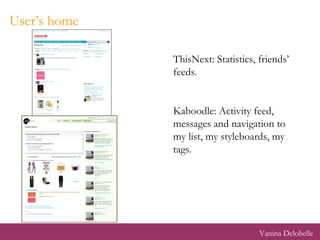 User’s home ThisNext: Statistics, friends’ feeds. Kaboodle: Activity feed, messages and navigation to my list, my styleboards, my tags. Vanina Delobelle 