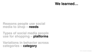 We learned…




Reasons people use social
media to shop – needs
Types of social media people
use for shopping – platforms
Variations in behavior across
categories – category
                                              © 2011 Leo Burnett l Arc Worldwide
 