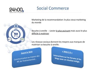 Social Commerce Marketing de la recommandation: le plus vieux marketing du monde Bouche-à-oreille  : Levier  le plus puissant  mais aussi le plus  difficile à maitriser Les réseaux sociaux donnent les moyens aux marques de maitriser ce bouche-à-oreille. 