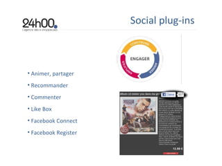 Social plug-ins Animer, partager Recommander Commenter Like Box Facebook Connect Facebook Register 