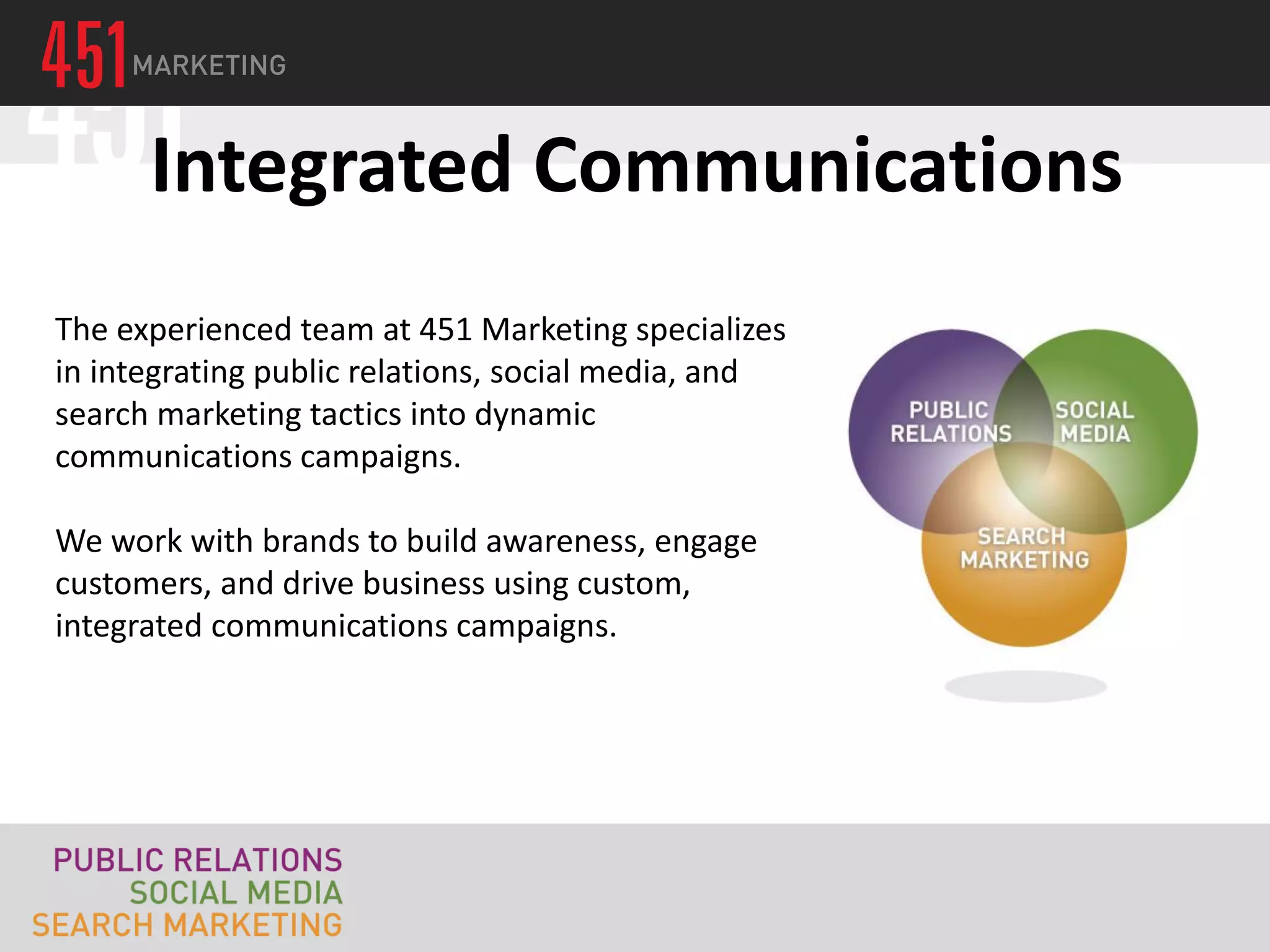 Integrated Communications
The experienced team at 451 Marketing specializes
in integrating public relations, social media, and
search marketing tactics into dynamic
communications campaigns.

We work with brands to build awareness, engage
customers, and drive business using custom,
integrated communications campaigns.
 