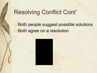 Resolving Conflict Cont’ Both people suggest possible solutions Both agree on a resolution 