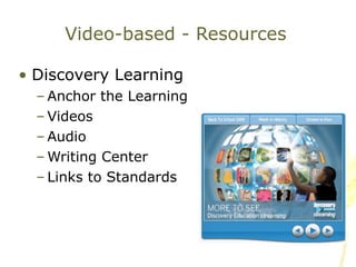 Video-based - Resources Discovery Learning Anchor the Learning Videos Audio Writing Center Links to Standards 