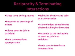 •Takes turns during a game   •Maintains the give and take
                             of a conversation
•Responds to greetings of
others                       •Acknowledges compliments
                             directed at him/her by others
•Allows peers to join in
activities                   •Responds to the invitations
                             of peers to join in to
•Ends conversations          activities
appropriately
                             •Reads cues to terminate
                             conversations
 