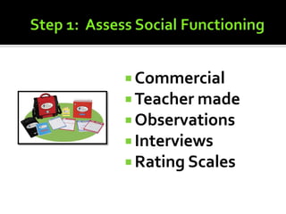  Commercial
 Teacher made
 Observations
 Interviews
 Rating Scales
 