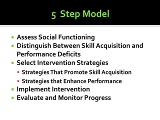    Assess Social Functioning
   Distinguish Between Skill Acquisition and
    Performance Deficits
   Select Intervention Strategies
     Strategies That Promote Skill Acquisition
     Strategies that Enhance Performance
   Implement Intervention
   Evaluate and Monitor Progress
 