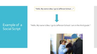 Example of a
SocialScript
“Hello. My name is Bea. I go to Jefferson School. I am in the third grade.”
“Hello. My name is Bea. I go to Jefferson School….”
 