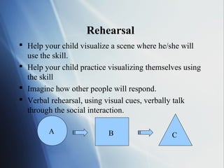 Rehearsal
 Help your child visualize a scene where he/she will
  use the skill.
 Help your child practice visualizing themselves using
  the skill
 Imagine how other people will respond.
 Verbal rehearsal, using visual cues, verbally talk
  through the social interaction.

         A                 B                  C
 