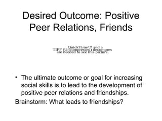 Desired Outcome: Positive
   Peer Relations, Friends
                      QuickTime™ and a
              TIFF (Uncompressed) decompressor
                are needed to see this picture.




• The ultimate outcome or goal for increasing
  social skills is to lead to the development of
  positive peer relations and friendships.
Brainstorm: What leads to friendships?
 