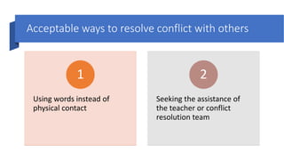 Acceptable ways to resolve conflict with others
Using words instead of
physical contact
1
Seeking the assistance of
the teacher or conflict
resolution team
2
 