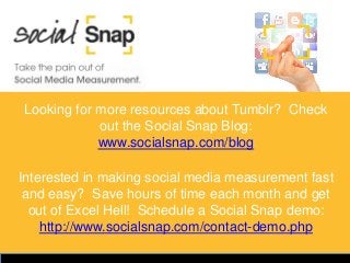 Looking for more resources about Tumblr? Check
            out the Social Snap Blog:
            www.socialsnap.com/blog

...