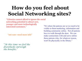 How do you feel about
Social Networking sites?
“Libraries cannot afford to ignore the social
networking potential to attract new,
younger and more technologically
interested customers.” "It's where the patrons are so we need to be
visible to them-marketing, information and
building community online. Not all patrons
have to walk through the door. We can
make connections with and serve online
those patrons who, for whatever reason,
won't be physically in the library."
“At this time we feel the
drawbacks outweigh
the benefits."
“not sure--need more info"
 