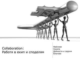 Collaboration:
Работя в екип и споделям
Файлове
Уикита
Дейности и задачи
Блогове
 