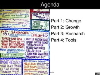 Agenda

          Part 1: Change
          Part 2: Growth
          Part 3: Research
          Part 4: Tools




 Chris Sp...