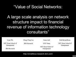 “Value of Social Networks:

A large scale analysis on network
   structure impact to financial
revenue of information technology
           consultants”



        http://smallblue.research.ibm.com/
                       Chris Sparshott
 