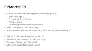 Was ist ein Weblog?
‣ Art Online-Journal vorrangig in
  Textform
‣ häuﬁge Aktualisierung, Links und
  Bilder
‣ „Web“ für Internet und „Log“ für
  Logbuch
‣ (eigene) Gedanken, bestimmte
  Themen, Fundsachen aus dem
  WWW usw.
‣ begrenzte Ähnlichkeit zu Tagebuch
‣ Blogosphäre = Gesamtheit der
  Blogs
                                  weitere Videos unter http://www.commoncraft.com/
 