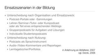 Wie erstelle ich mein Podcast? I
‣ Möglichkeit A: getrenntes Produzieren und Veröffentlichen
 1) Nutzung eines Podcast-Recorders
    ‣ Installation einer Software erforderlich, die Audio- oder Video-Daten
      aufzeichnet
    ‣ z.B. Audacity, Camtasia, Webcam-Software




                                Logos stammen von den jeweiligen Serviceanbietern.
 