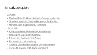 Wie erstelle ich mein Podcast? II
 2) a) Veröffentlichung über einen Podcast-Hoster
   ‣ keine Installation erforderlich; eigener Account zum Hochladen
   ‣ anschließende Integration der Dateien in eigene Website/Blog möglich
   ‣ z.B. PodHost.de, savecast, ...

 ODER


 3) b) Veröffentlichung über einen Webserver oder eigenen Webspace
   ‣ Installation einer Podcast-Software (wie Weblog)
   ‣ z.B. Wordpress i.V.m. Podpress, Loudblog
 