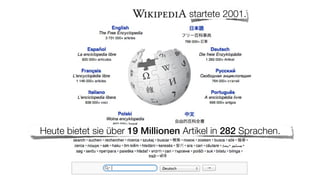 startete 2001.




Heute bietet sie über 19 Millionen Artikel in 282 Sprachen.
 