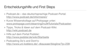 Merkmale von Wikis
‣   einfache Bearbeitbarkeit
‣   Strukurierung durch Verlinkung
‣   Versionsverwaltung zur Sicherheit
‣   Benutzerverwaltung:
    ‣ offen
    ‣ halboffen
    ‣ geschlossen
‣ Benachrichtigungen über Änderungen
‣ per Mail oder RSS
                                        vgl. Stabenau/Plieninger, 2006
                                                  vgl. Abfalterer, 2007
 
