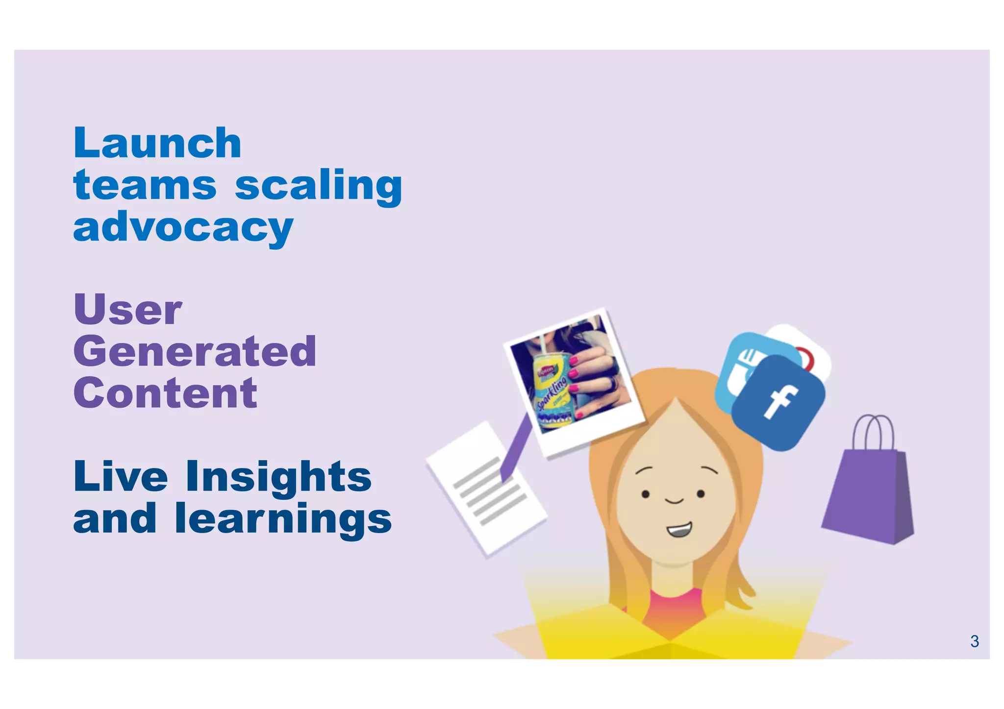 3
Launch
teams scaling
advocacy
User
Generated
Content
Live Insights
and learnings
 