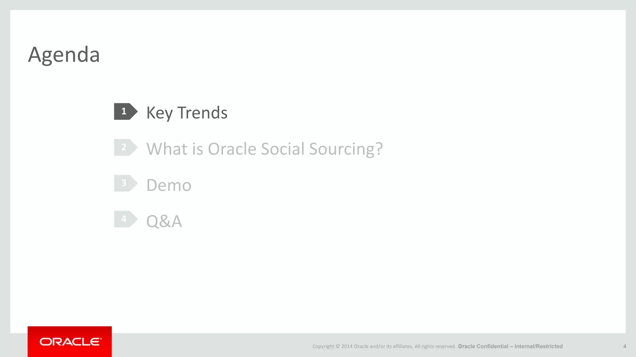 Copyright © 2014 Oracle and/or its affiliates. All rights reserved. |
Agenda
Key Trends
What is Oracle Social Sourcing?
Demo
Q&A
1
2
3
4
4Oracle Confidential – Internal/Restricted
 