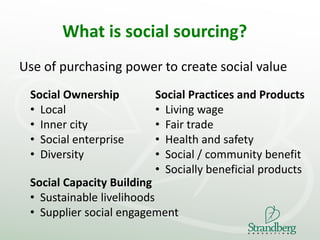 What is social sourcing?
Use of purchasing power to create social value
Social Ownership
• Local
• Inner city
• Social ent...