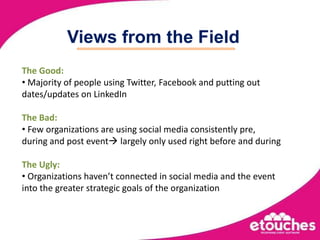 Views from the FieldThe Good:  Majority of people using Twitter, Facebook and putting out dates/updates on LinkedInThe Bad:  Few organizations are using social media consistently pre, during and post event largely only used right before and duringThe Ugly: Organizations haven’t connected in social media and the event into the greater strategic goals of the organizationSimplifying meetings and events execution
