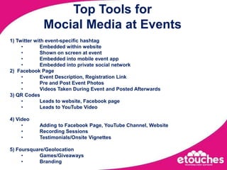 Top Tools for Mocial Media at Events1) Twitter with event-specific hashtagEmbedded within website