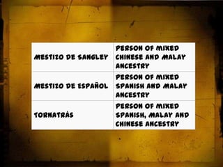 3. Mestizos - Filipinos of mixed indigenous Filipino (Austronesian people/Malay/Malayo-Polynesian), or European or Chinese ancestry.