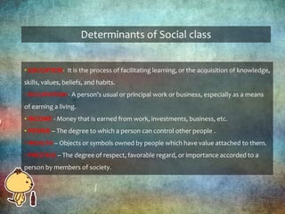 • EDUCATION- It is the process of facilitating learning, or the acquisition of knowledge,
skills, values, beliefs, and habits.
• OCCUPATION - A person's usual or principal work or business, especially as a means
of earning a living.
• INCOME - Money that is earned from work, investments, business, etc.
• POWER – The degree to which a person can control other people .
• WEALTH – Objects or symbols owned by people which have value attached to them.
• PRESTIGE – The degree of respect, favorable regard, or importance accorded to a
person by members of society.
Determinants of Social class
 
