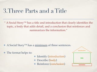 3.Three Parts and aTitle
“ A Social Story™ has a title and introduction that clearly identiﬁes the
topic, a body that adds detail, and a conclusion that reinforces and
summarizes the information.” !
!
!
!
✤ A Social Story™ has a minimum of three sentences. !
!
✤ The format helps to:!
✤ Identify (introduction)!
✤ Describe (body)!
✤ Reinforce (conclusion)
 