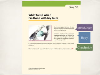 What to Do When
I’m Done with My Gum
When chewing gum is done, the best
plan is to wrap it in a small piece of paper
before throwing it away.
Sometimes, people save the gum wrapper
in a pocket while they are chewing the
gum. Then, when the gum is done, they
use it to wrap the gum before throwing it
away. This is a good plan.
If a person doesn’t have a small piece of paper, its okay to throw gum into a waste basket
without it.
When I am done with my gum, I will try to wrap it and throw it away in a waste basket. ■
Story #69
The New Social Story Book, 10th Anniversary Edition
© by Carol Gray, Future Horizons, Inc.
Introduction
Body
Conclusion
 