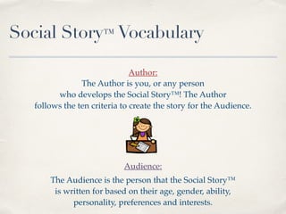 Social Story™ Vocabulary
The Author is you, or any person!
who develops the Social Story™! The Author !
follows the ten criteria to create the story for the Audience.
The Audience is the person that the Social Story™ !
is written for based on their age, gender, ability, !
personality, preferences and interests.
Author:
Audience:
 