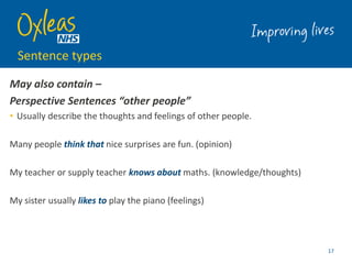 Sentence types
May also contain –
Perspective Sentences “other people”
• Usually describe the thoughts and feelings of other people.
Many people think that nice surprises are fun. (opinion)
My teacher or supply teacher knows about maths. (knowledge/thoughts)
My sister usually likes to play the piano (feelings)
17
 