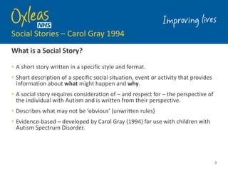 Social Stories – Carol Gray 1994
What is a Social Story?
• A short story written in a specific style and format.
• Short description of a specific social situation, event or activity that provides
information about what might happen and why.
• A social story requires consideration of – and respect for – the perspective of
the individual with Autism and is written from their perspective.
• Describes what may not be ‘obvious’ (unwritten rules)
• Evidence-based – developed by Carol Gray (1994) for use with children with
Autism Spectrum Disorder.
3
 