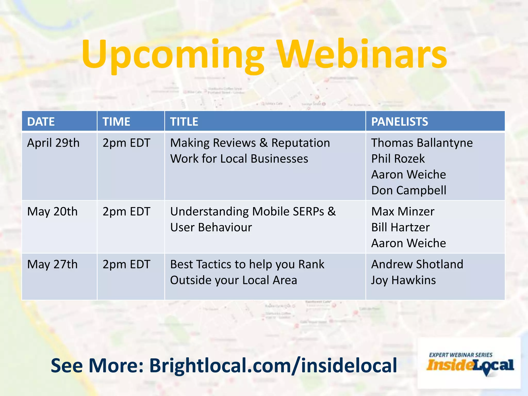 Upcoming Webinars
DATE TIME TITLE PANELISTS
April 29th 2pm EDT Making Reviews & Reputation
Work for Local Businesses
Thomas Ballantyne
Phil Rozek
Aaron Weiche
Don Campbell
May 20th 2pm EDT Understanding Mobile SERPs &
User Behaviour
Max Minzer
Bill Hartzer
Aaron Weiche
May 27th 2pm EDT Best Tactics to help you Rank
Outside your Local Area
Andrew Shotland
Joy Hawkins
See More: Brightlocal.com/insidelocal
 