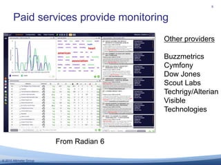 Paid services provide monitoring<br />8<br />Other providers<br />BuzzmetricsCymfony<br />Dow Jones <br />Scout Labs<br />...