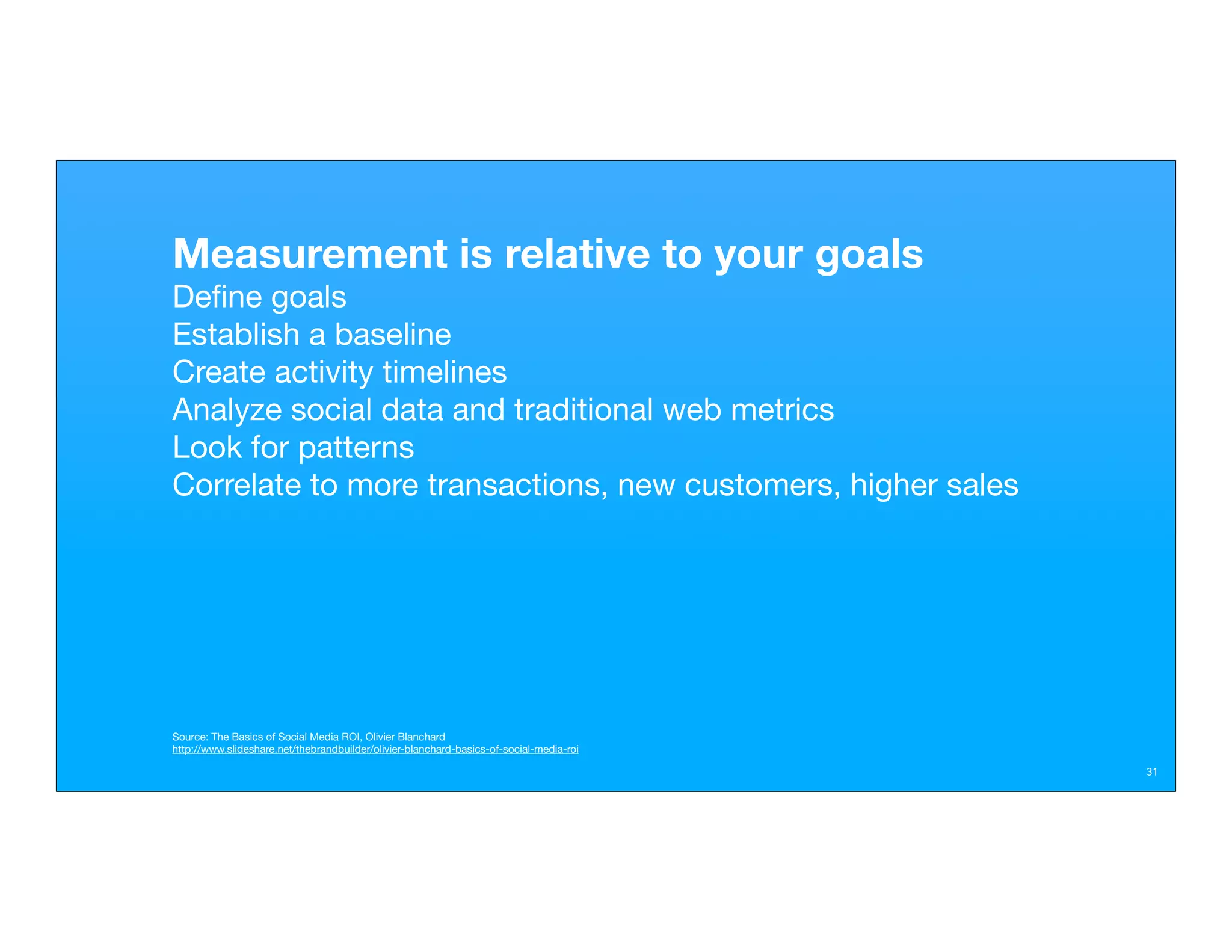 Measurement is relative to your goals
Deﬁne goals
Establish a baseline
Create activity timelines
Analyze social data and traditional web metrics
Look for patterns
Correlate to more transactions, new customers, higher sales




Source: The Basics of Social Media ROI, Olivier Blanchard
http://www.slideshare.net/thebrandbuilder/olivier-blanchard-basics-of-social-media-roi

                                                                                         31
 