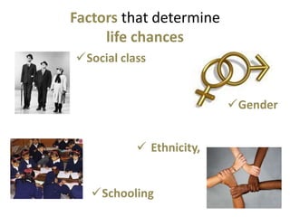 Factors that determine
     life chances
Social class


                          Gender


            Ethnicity,


   Schooling
 