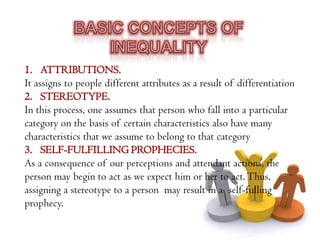 1. ATTRIBUTIONS.
It assigns to people different attributes as a result of differentiation
2. STEREOTYPE.
In this process, one assumes that person who fall into a particular
category on the basis of certain characteristics also have many
characteristics that we assume to belong to that category
3. SELF-FULFILLING PROPHECIES.
As a consequence of our perceptions and attendant actions, the
person may begin to act as we expect him or her to act. Thus,
assigning a stereotype to a person may result in a self-fulling
prophecy.
 