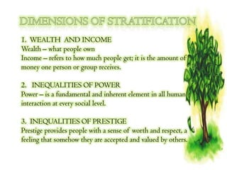 1. WEALTH AND INCOME
Wealth – what people own
Income – refers to how much people get; it is the amount of
money one person or group receives.

2. INEQUALITIES OF POWER
Power – is a fundamental and inherent element in all human
interaction at every social level.

3. INEQUALITIES OF PRESTIGE
Prestige provides people with a sense of worth and respect, a
feeling that somehow they are accepted and valued by others.
 
