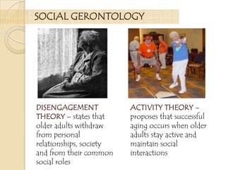 DISENGAGEMENT
THEORY – states that
older adults withdraw
from personal
relationships, society
and from their common
social roles
ACTIVITY THEORY –
proposes that successful
aging occurs when older
adults stay active and
maintain social
interactions
SOCIAL GERONTOLOGY
 